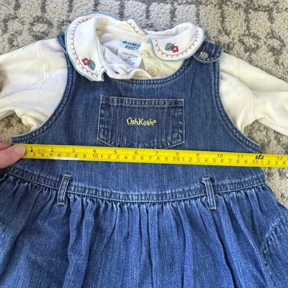 Vtg y2k OshKosh B'Gosh Denim Jumper Dress + Embroidered Floral Collar Shirt 4T